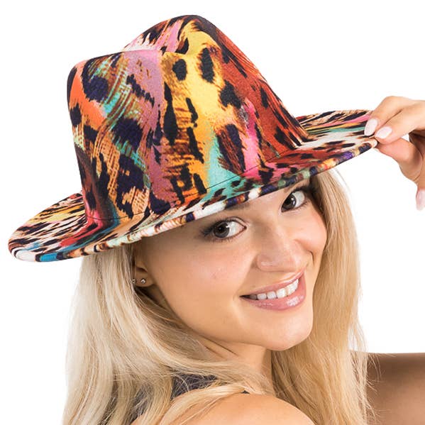 Cap Zone - Wholesale Fedora - Women's - Leopard Paint Splash Boho Chic Felt Fedora Rancher Hat0