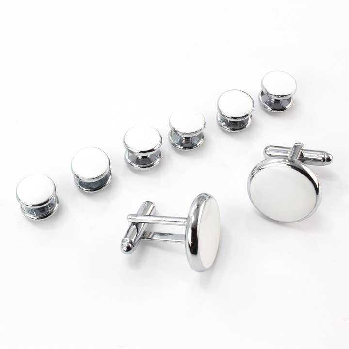 Silver Finished White Insert Cufflinks and Dress Stud Set for wholesale by Sophos