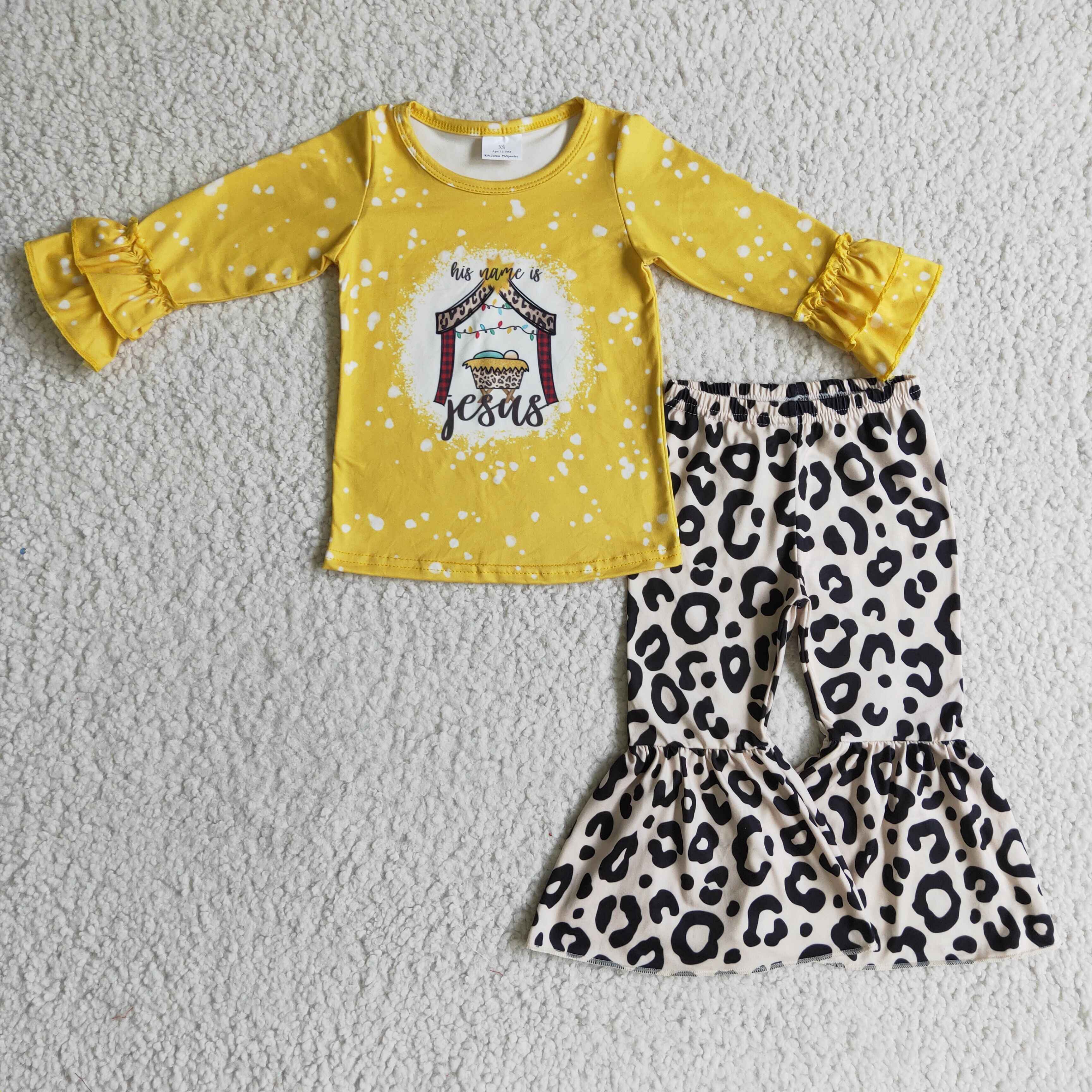 Yawoo Garments - Wholesale Top & Pant Set - Kids - Jesus shirt leopard pants nativity clothes girls Christmas clothes1