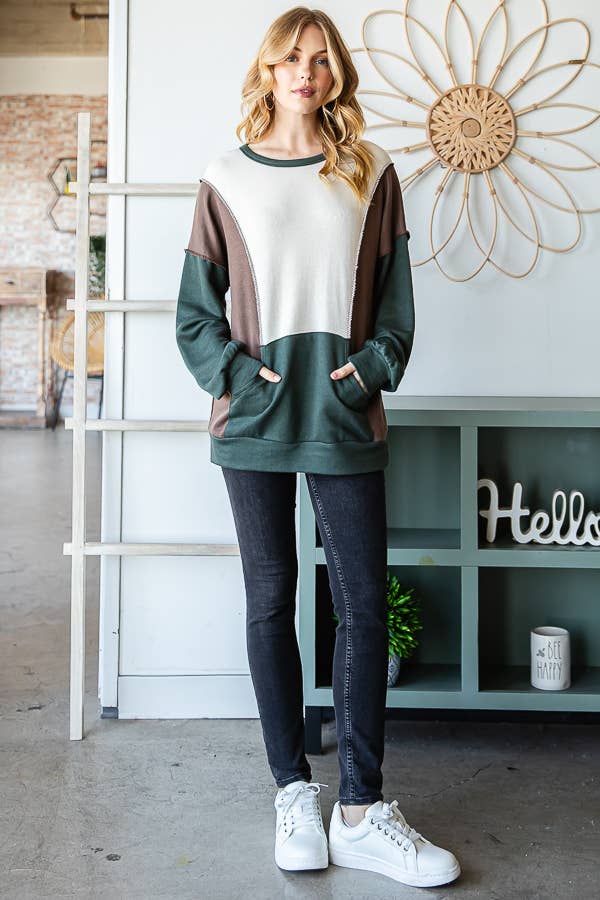 7th Ray - Wholesale Knit Top - Women's - Color Block Front Pocket Oversized Long Sleeve Top T534513