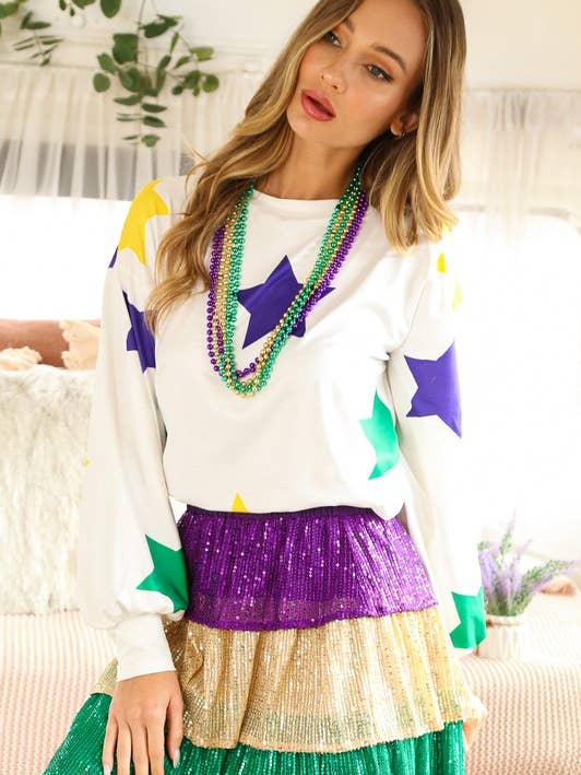 Vine & Love - Wholesale Sweatshirt - Women's - Mardi Gras Crew Neck Long Sleeve Star Jersey Top VT81357DP7