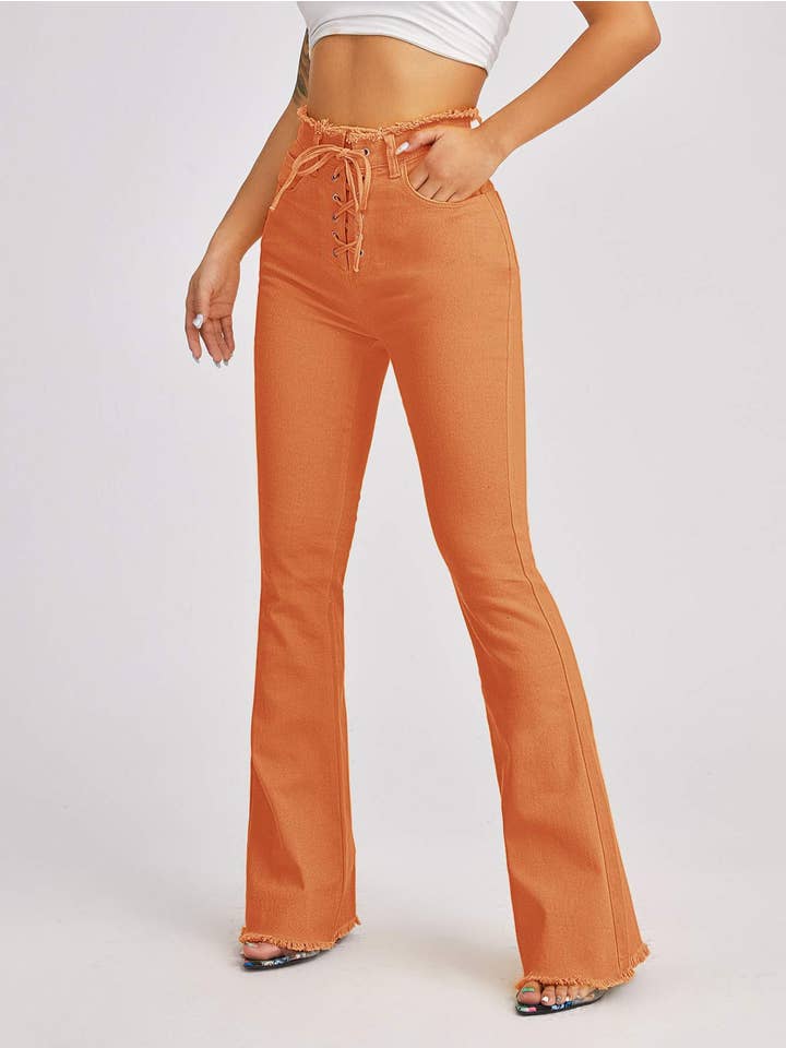 Queen Fashion - Wholesale Jeans - Women's - high waist lace up front flare leg jeans2