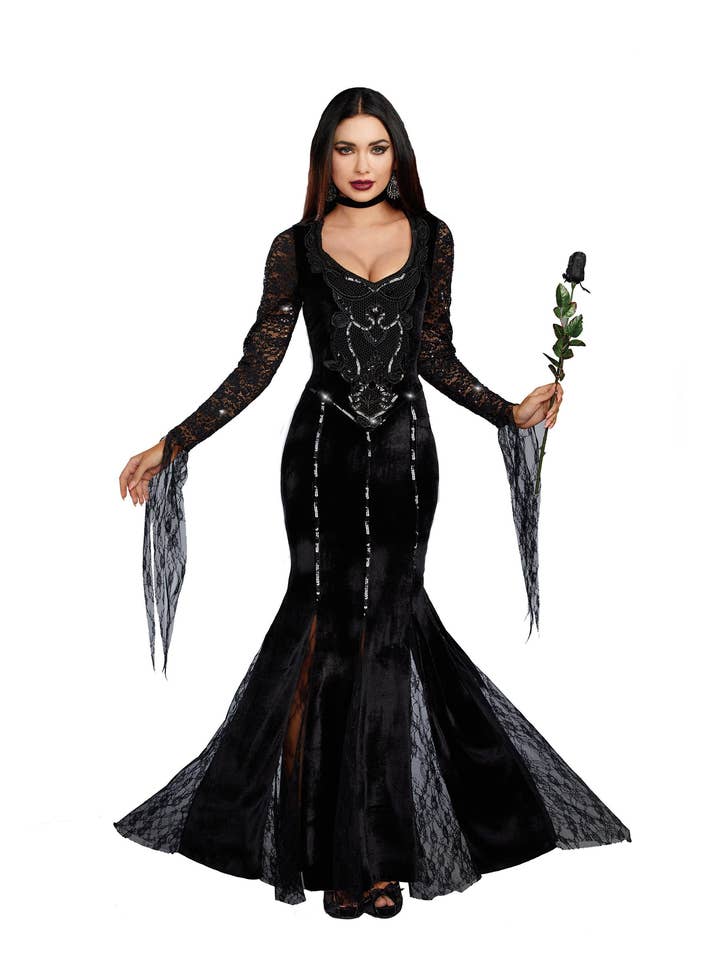 Women's Black Velvet Costume with Sequin Applique for wholesale by Dreamgirl International