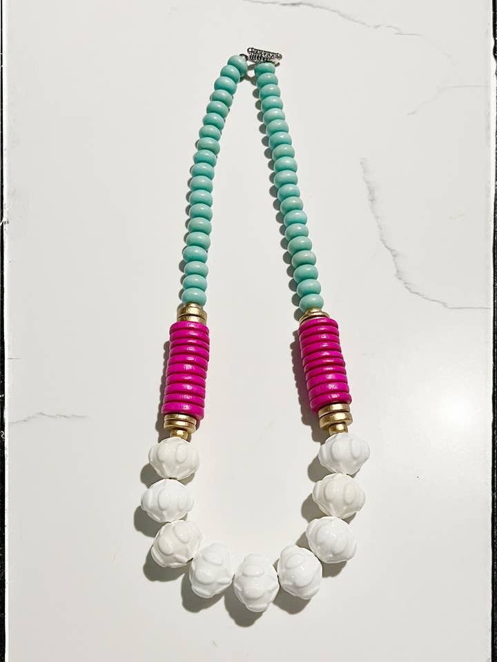 White Ceramic Glass Beads & Pink Coconut Wood Bead Necklace for wholesale by GentrybyJenna
