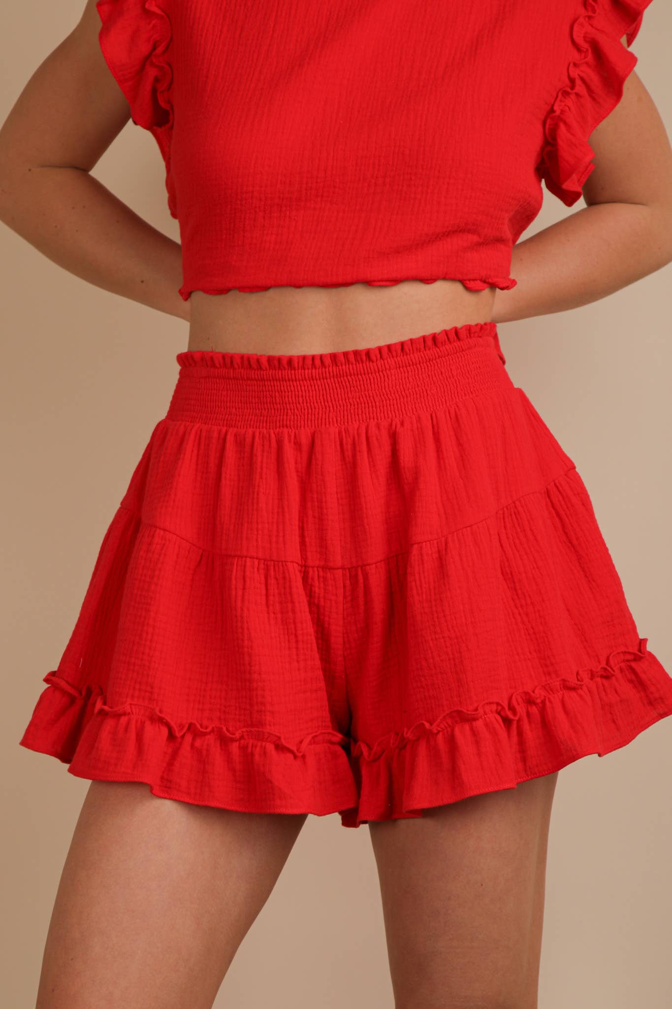 VERY J - Wholesale Top & Short Set (NOT Loungewear) - Women's - NT12150SET-Ruffled Solid Woven Top & Shorts Set14