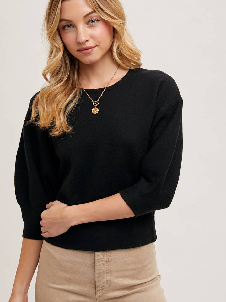 Bluivy - Wholesale Knit Sweater - Women's - PUFFED 3/4 SLEEVED KNIT SWEATER TOP