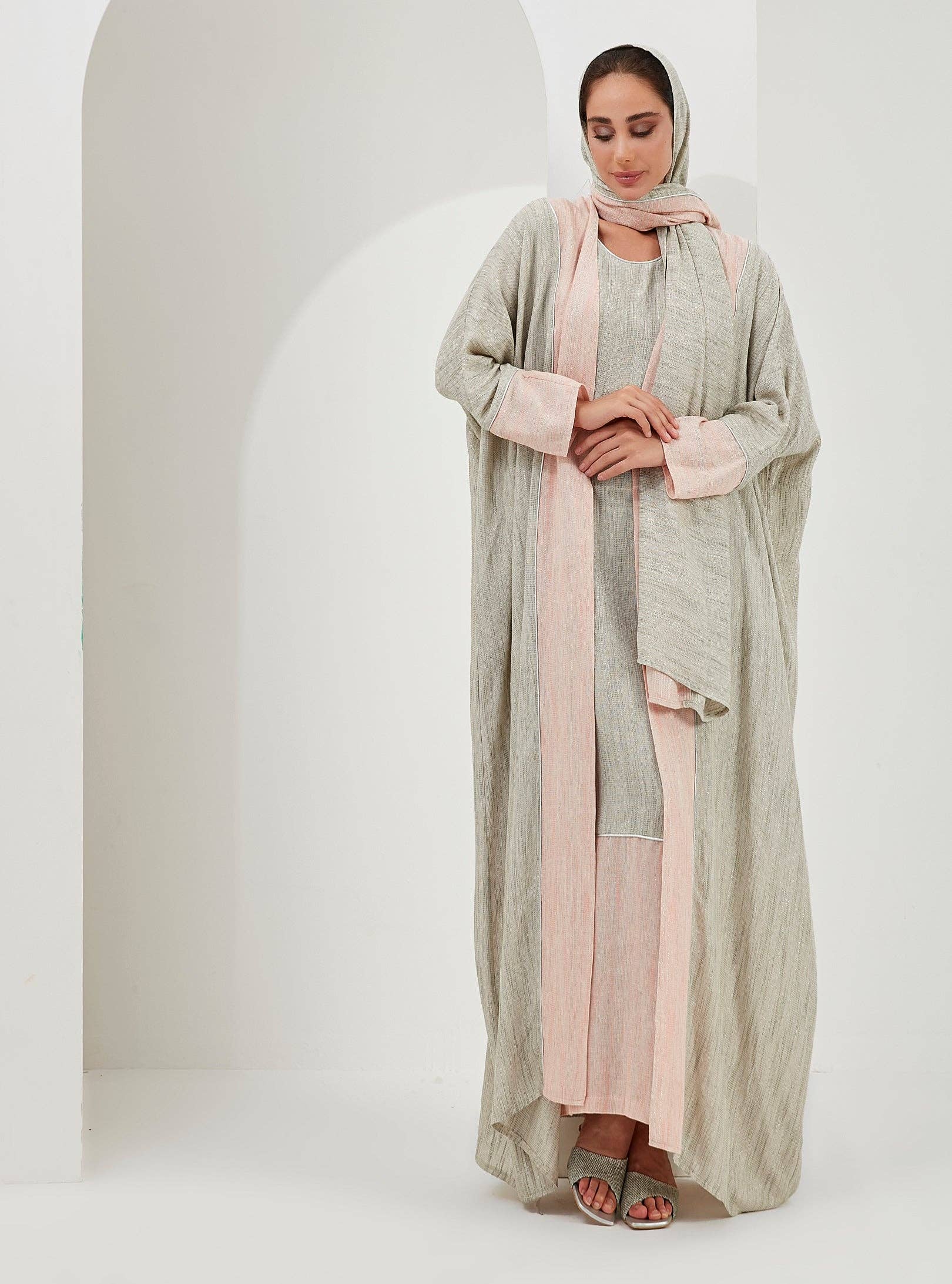 Store WF – wholesale Kaftan – Women's – Linen Cotton Silver Glitter Three Pice Abaya Set11