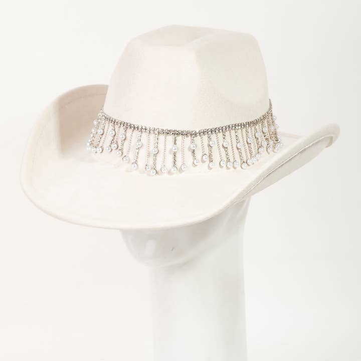 Collections by Fame Accessories - Wholesale Cowboy Hat - Women's - Rhinestone And Pearly Fringe Band Western Cowboy Hat