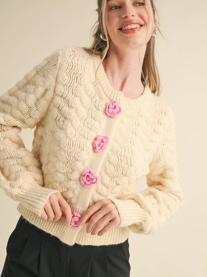 &MERCI - Wholesale Cardigan - Women's - TEXTURED SWEATER CARDIGAN WITH KNIT ROSETTE DETAIL MSW10735