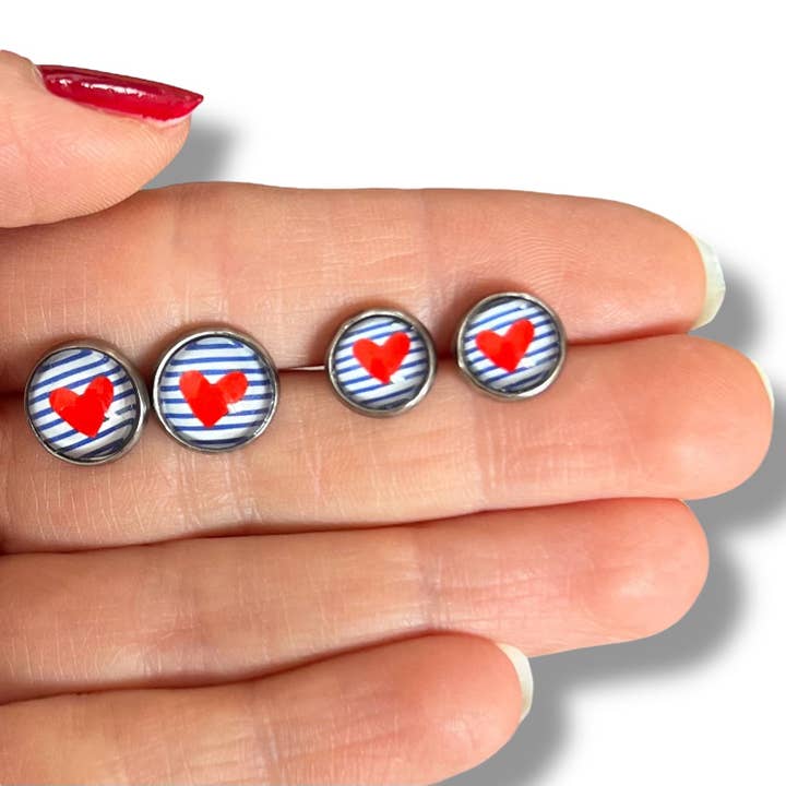 Dans l'Air du Temps Bijoux - Wholesale Stud/Post Earrings - Mother Daughter Earrings / "Like Mother, Like Daughter!" red hearts and blue stripes