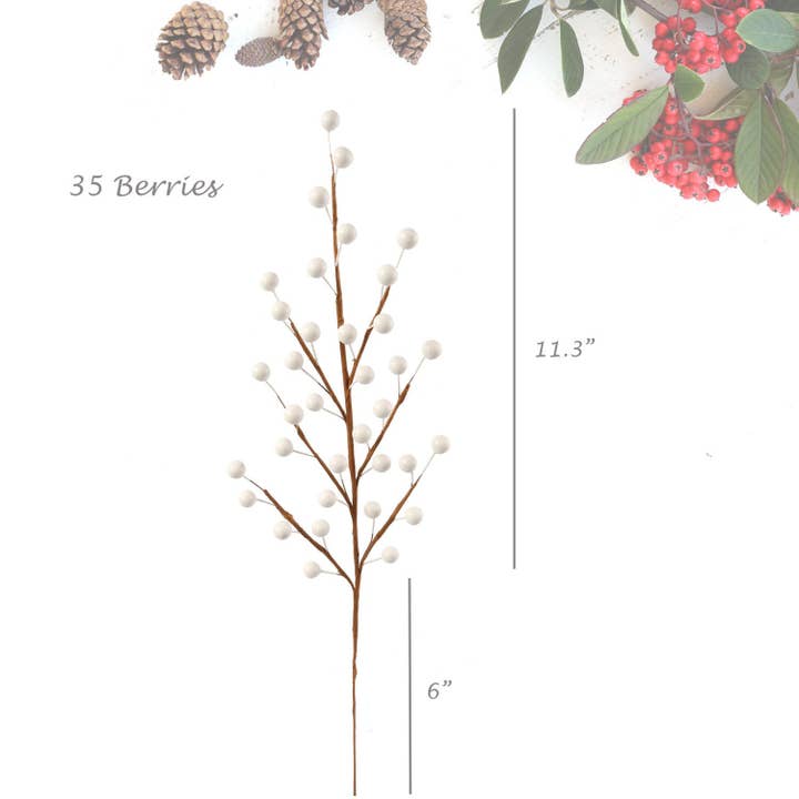 Larksilk – wholesale Artificial flowers – 17" White Berry Spray Christmas Picks With 35 Berries