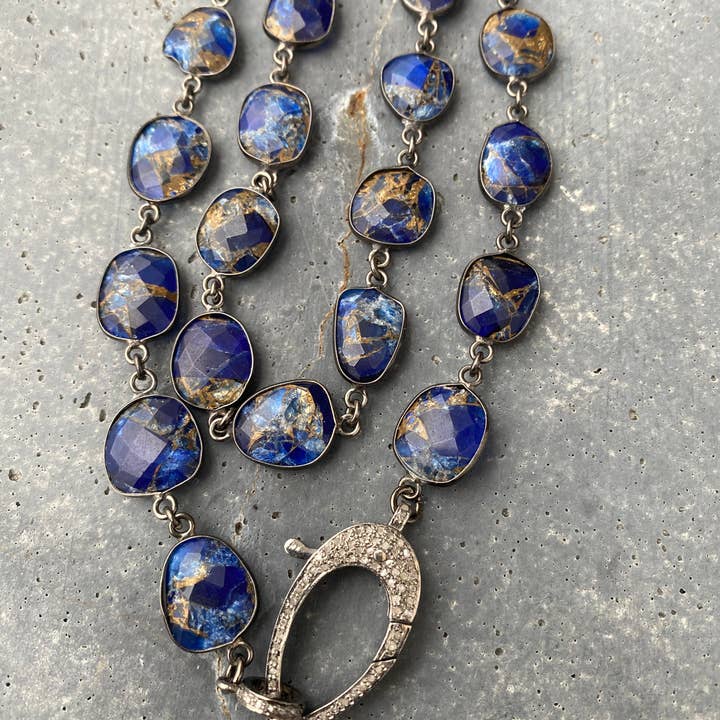 Kobber Lapis Bezel halskæde med Pave Diamond Clasp for engroshandel hos ILISSA MICHELE JEWELRY
