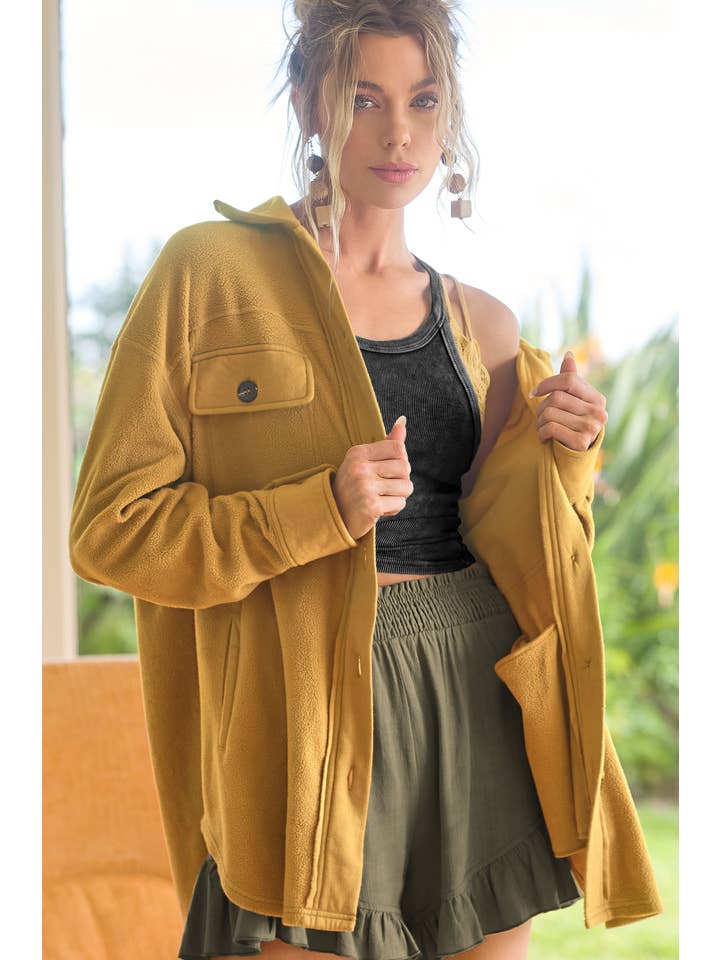 La Miel - Wholesale Shirt Jacket/Shacket - Women's - JKT1712-Loose Fit Button Down Long Sleeve Fleece Shacket