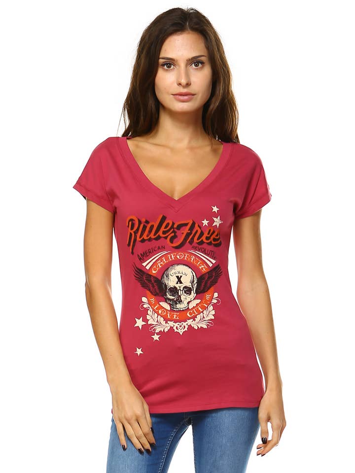 V-neck Short sleeve Graphic tee with Ride Free Urban City for wholesale by Urban X Apparel