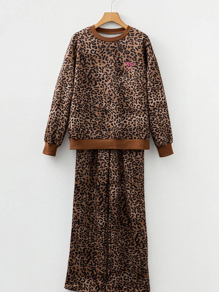 Coffee LALALOO Leopard Long Sleeve Top and Pants Set for wholesale on Faire2
