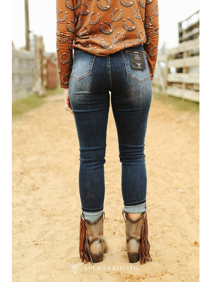 LUCKY & BLESSED - Wholesale Jeans - Women's - Dark Wash Tummy Control High Rise Skinny Jeans