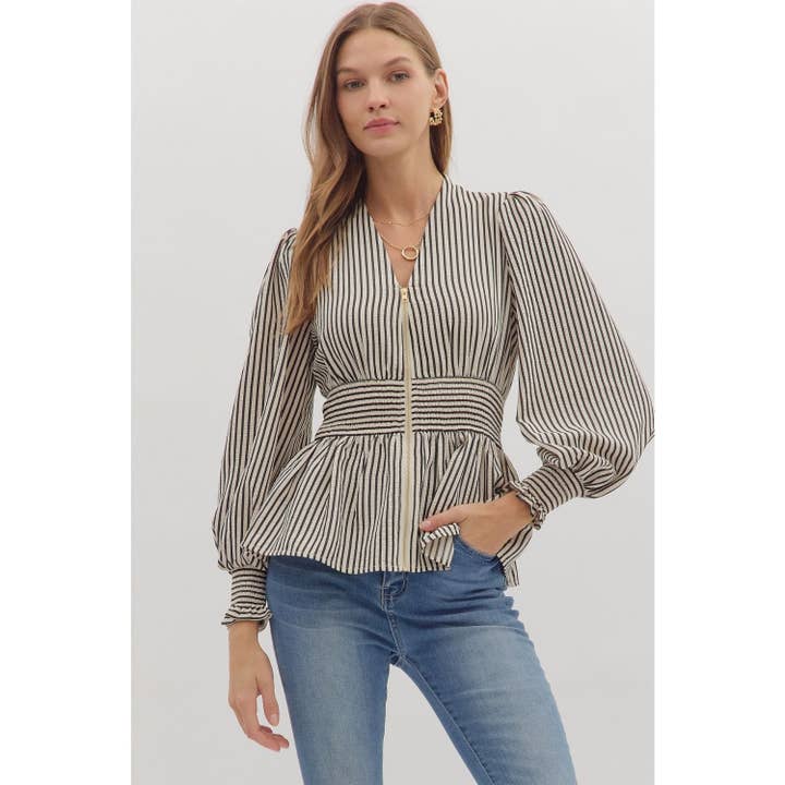 Stripe print long sleeve peplum top for wholesale by STYLE USA