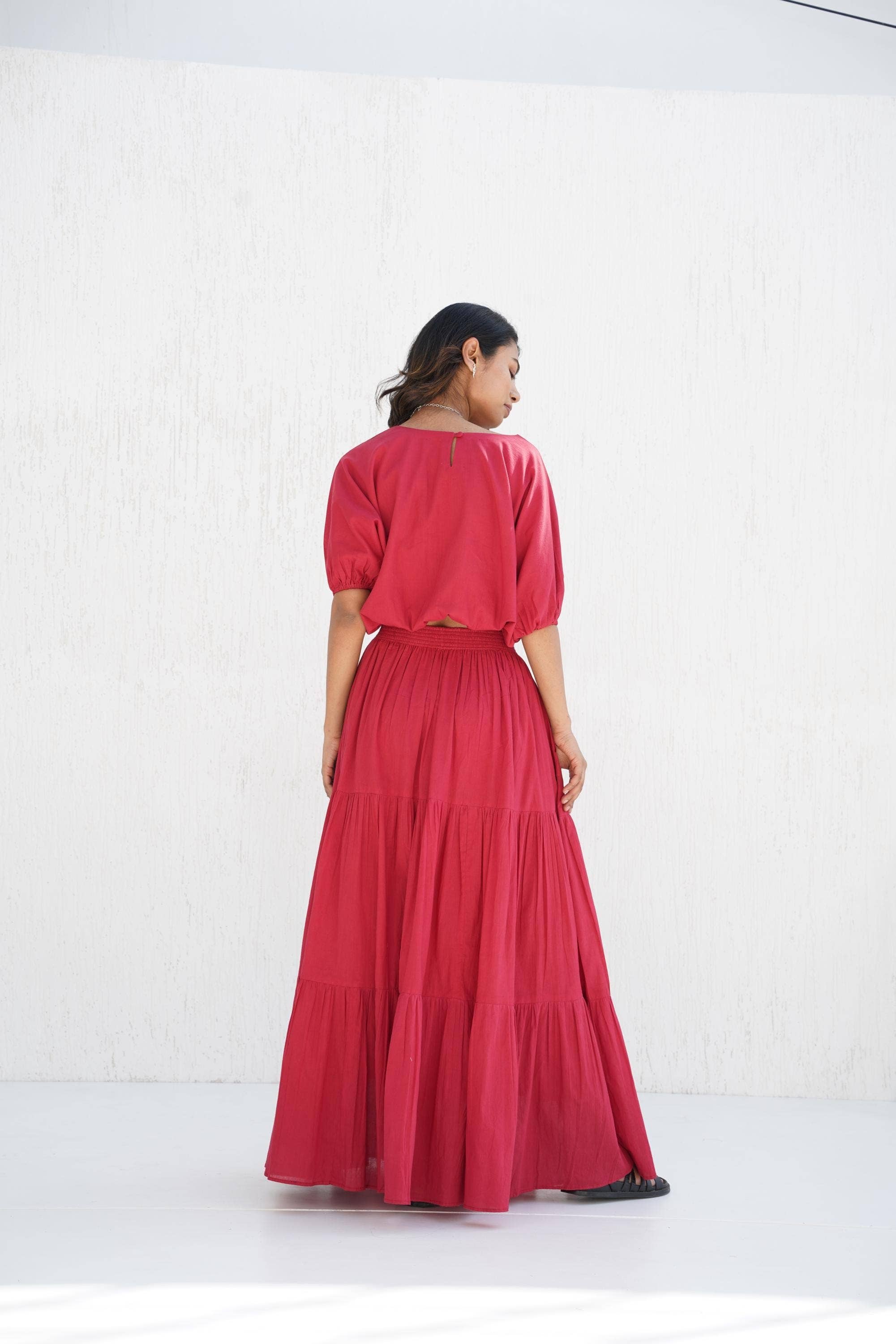 Tailor Didi – Conjunto de top e saia - Mulher por atacado – Conjunto de Saia Maxi Boho de Algodão em Camadas e Top Curto com Decote Cano.3