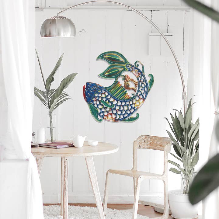 Global Crafts – Großhandel 3D-Wandkunst – 24" Fisch und Shell Sea Life Nautische Haitianische Metalltrommel1