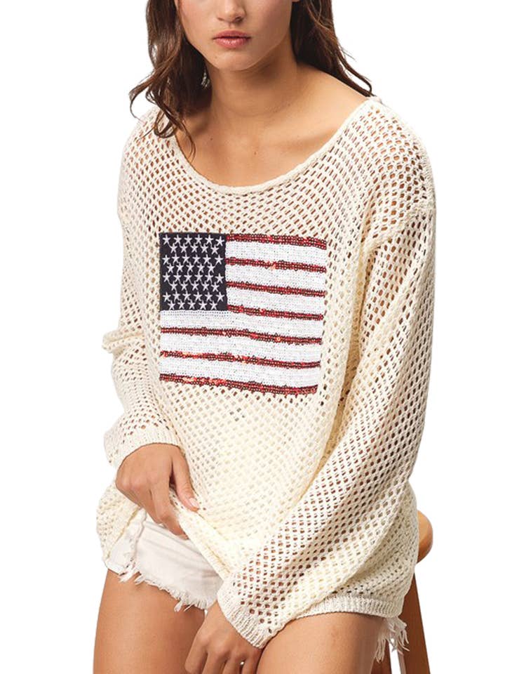 Vanilla Monkey - Wholesale Swim Cover Up - Women's - Sequin American Flag Patch Open Knit Cover Up