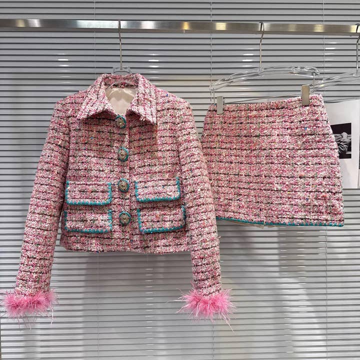 SET241Y Autumn Tweed Short Jacket with Feather Sleeves Skirt for wholesale by Productseeker