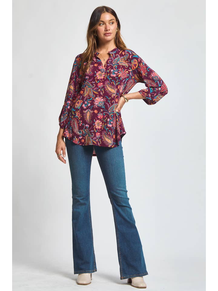 WINE Paisley 3/4 Sleeve Lizzy Top for wholesale on Faire1