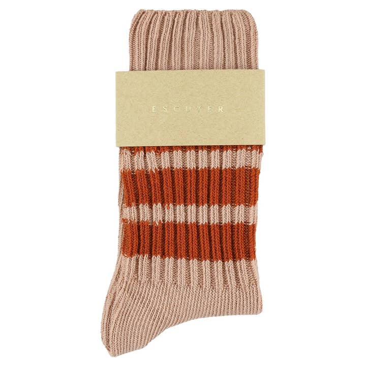ESCUYER - Wholesale Socks - Women's - Women Stripes Crew Socks - Pink / Brick1