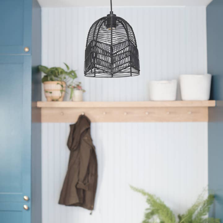 10"H 1-Light Black Rattan Dome Pendant Light for wholesale by River of Goods