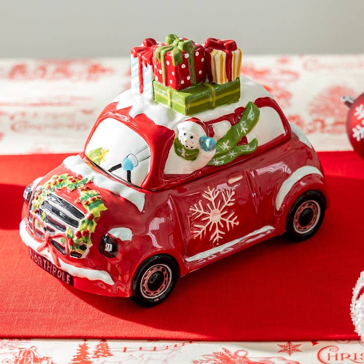 Holiday Snowman Presents Car Cookie Jar for wholesale by Grace Teaware
