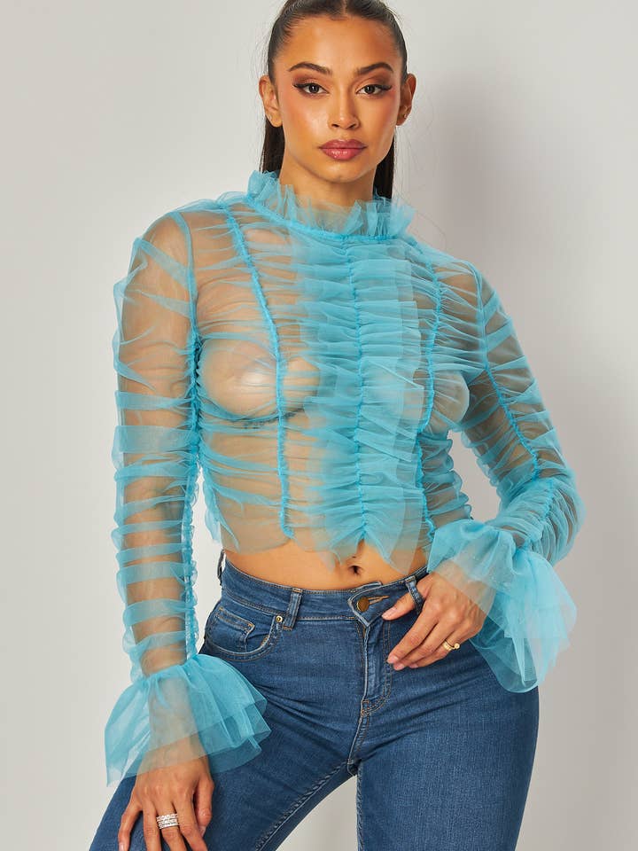 Hot & Delicious – Engroshandel Bluse - Dame – All Of Me Shirred Mesh Mock Hals Langærmet Top (HDT31460)9