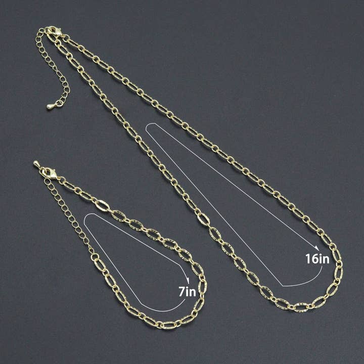 BestBeads&Beyond - Wholesale Link & Chain Necklace - Gold Silver Hammered Oval Link Chain Necklace Bracelet, Charm bar necklace bracelet chain,sku#EF7702