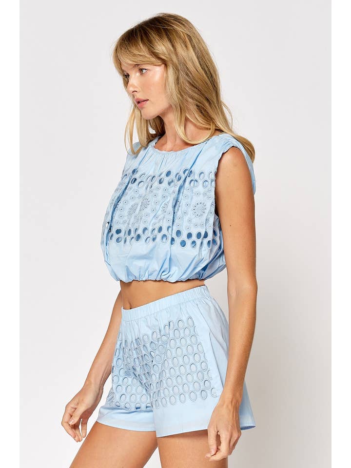 Lalavon - Wholesale Blouse - Women's - ILT4961 EMBROIDERED FLORAL EYELET ELASTIC DETAIL TOP