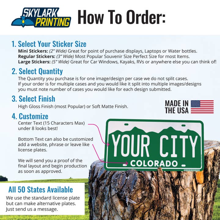 Skylark Printing - Wholesale Sticker - Colorado Plate Souvenir Sticker with Your City, Text