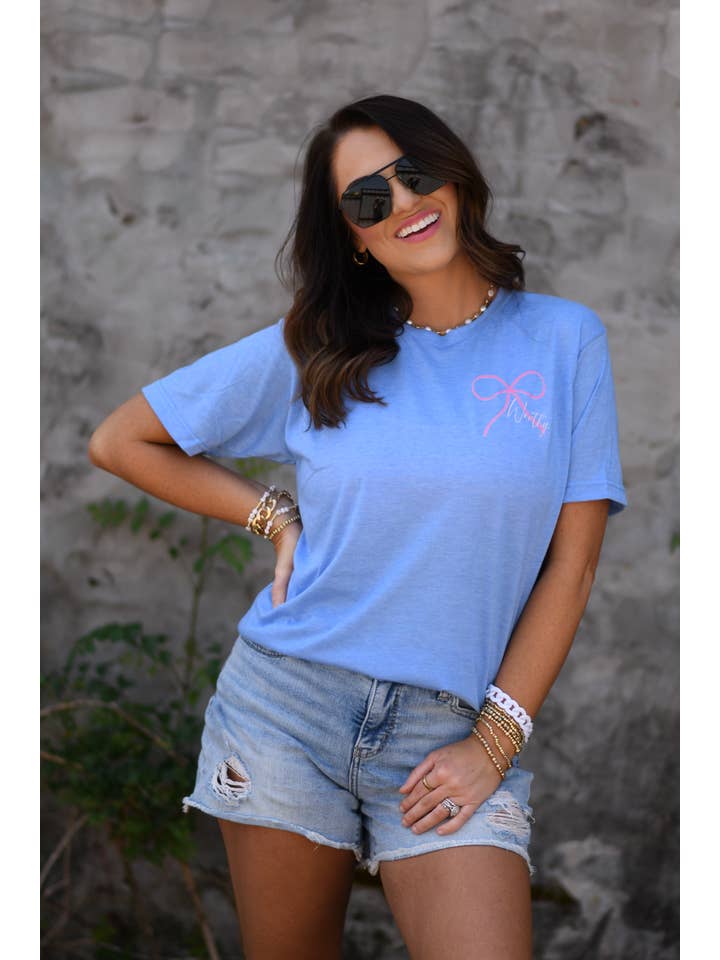 Heather Blue Worthy Bow Tee for wholesale on Faire