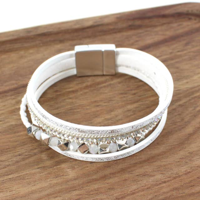 Pretty Persuasions - Wholesale Bangle Bracelet - B22073 Stud Bead Decor PU Leather Wrap Bracelet
