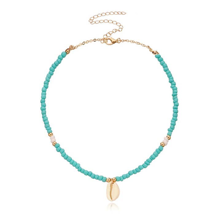 Boho Beaded Aqua Necklace with a Cowrie Shell Pendant for wholesale by iconic mi