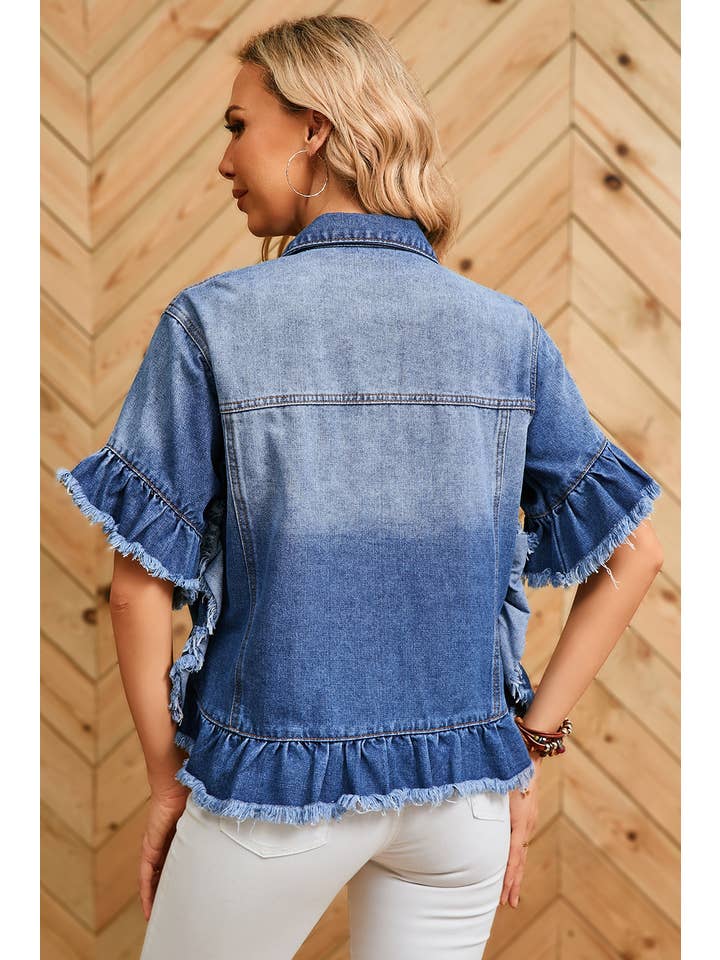 Aapparella - Wholesale Denim Jacket - Women's - Women Raw Edge Ruffled Short Sleeve Denim Jacket | S-XL