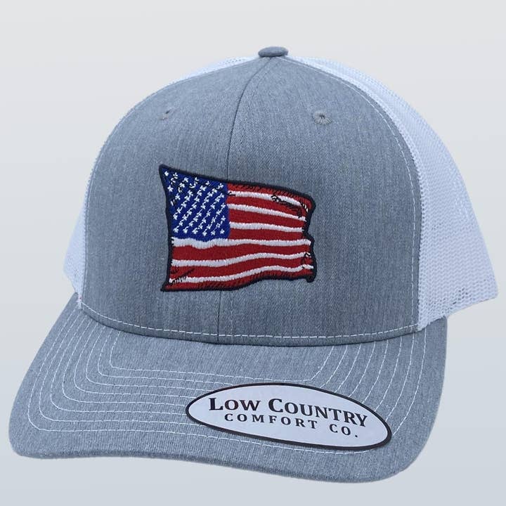 USA Wavy Flag Heather/White Hat for wholesale by Riverbed Threads
