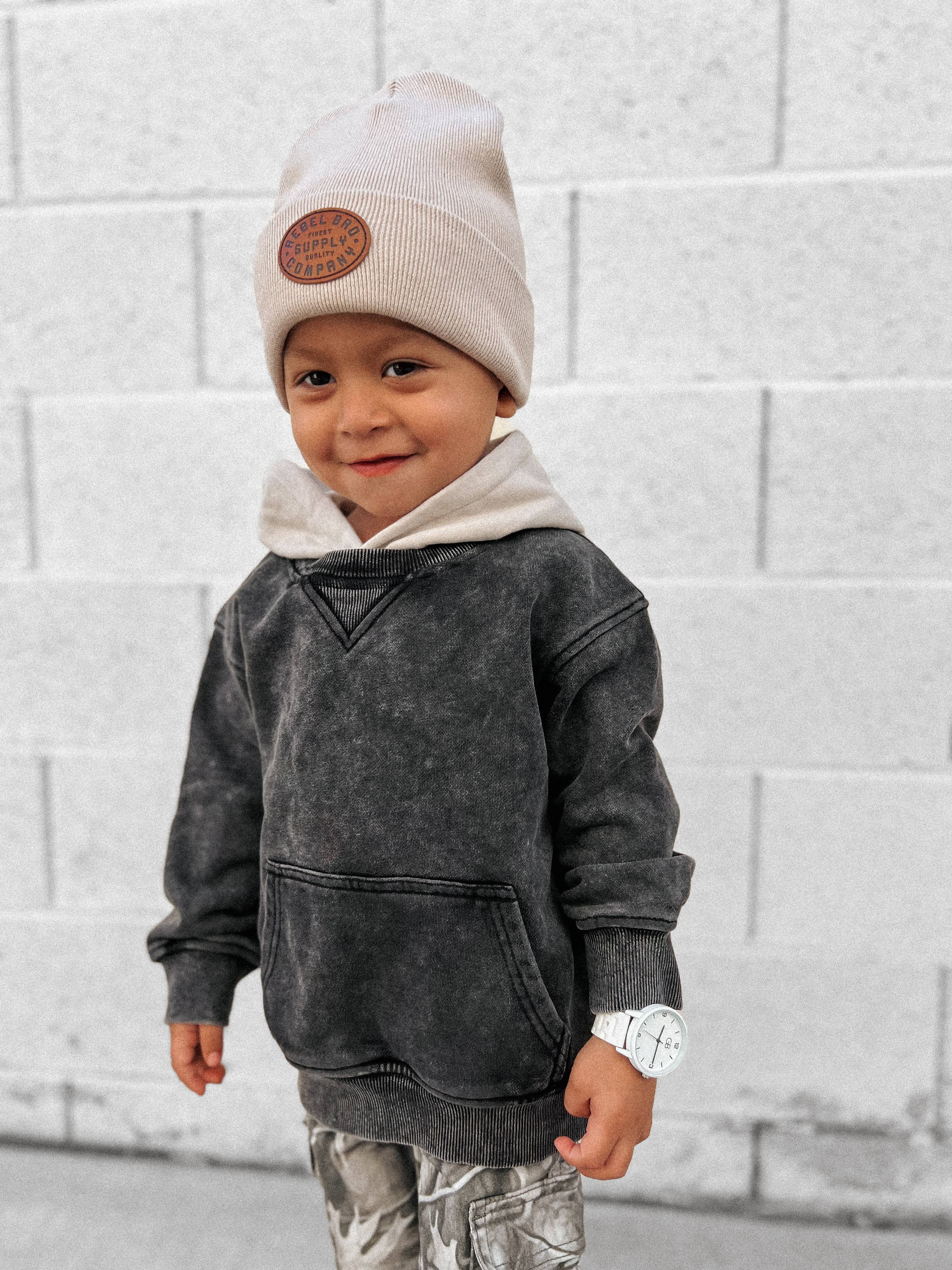 Lucky Link - Wholesale Hoodie - Kids - Toddler Black Acid Wash Crew-Neck Hoodie