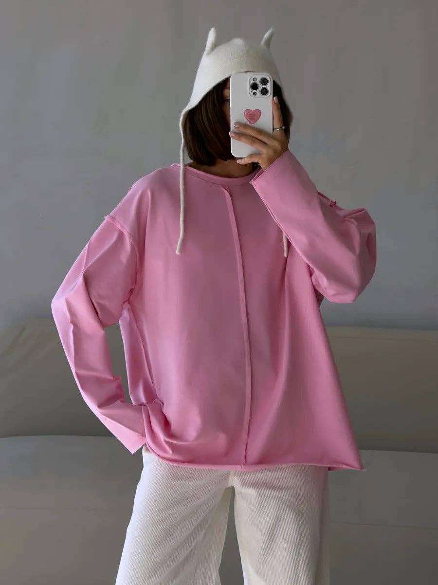 Suhkasana – wholesale T-shirt (utan tryck) – Dam – Avslappnad löst sittande bomullströja med långa ärmar och slitna detaljer.11