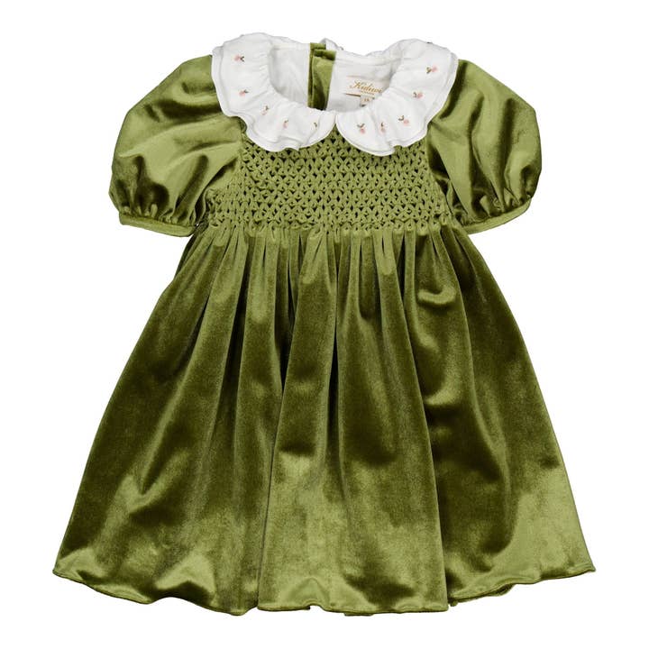 Joséphine, gesmoktes Kleid aus olivfarbenem Samt für den Großhandel von Kidiwi handmade