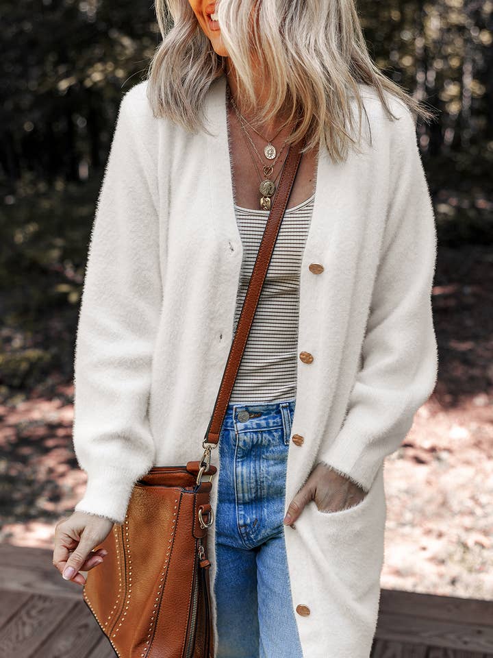 Cardigan midi uni à boutons flous sur le devant pour la vente par FULL TIME PURCHASE