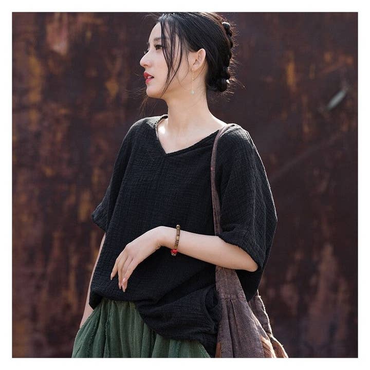 UZ Wholesale Store - Wholesale Tunic - Women's - Solid Color Double-Layer Bamboo Joint Literary All-Match T-Shirt