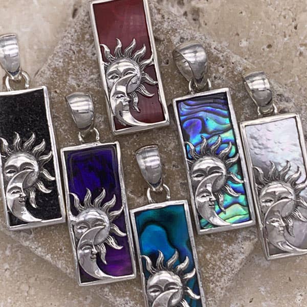 Sterling Silver Rectangle Sun & Moon Pendant, Shell Backed for wholesale by Goddess Design Studio