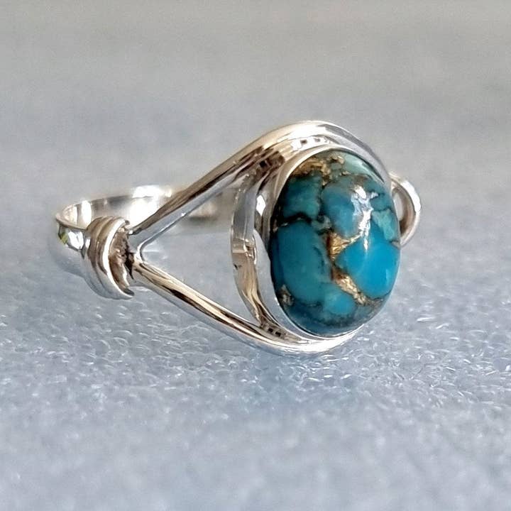 Mistry Gems - Wholesale Cocktail/Statement Ring - Small Oval Blue Copper Turquoise 925 Silver Ring, R13BCT