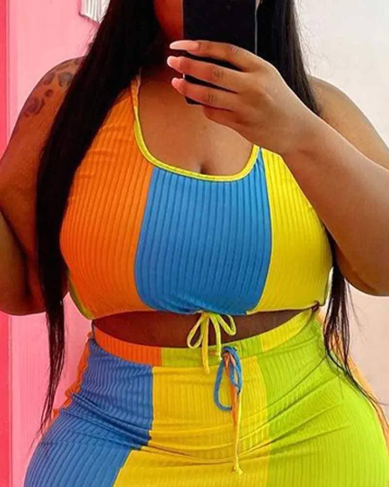 Fashion Combination - Vente Ensemble haut et jupe - Femme - ensemble de jupe courte côtelée colorblock grande taille8