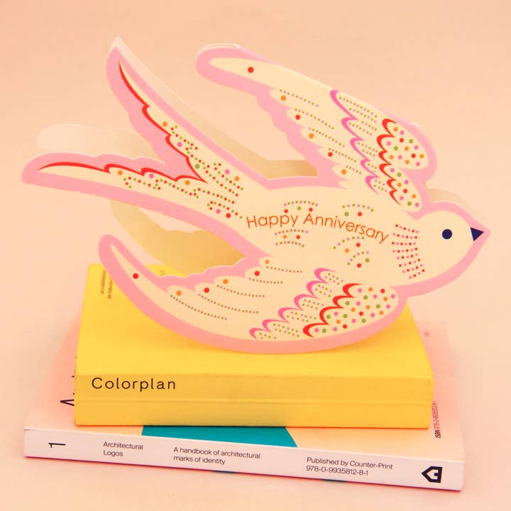 Happy Anniversary Rocking Bird Die Cut Card for wholesale by Elvira.v.v.Designs