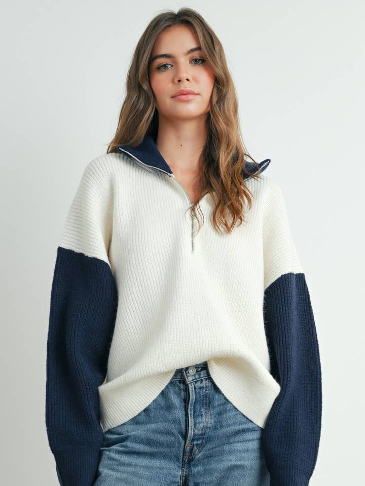 BUTTERMELON - Wholesale Cardigan - Women's - Color Block Collar Half Zipper Pullover Sweater - BMW7589