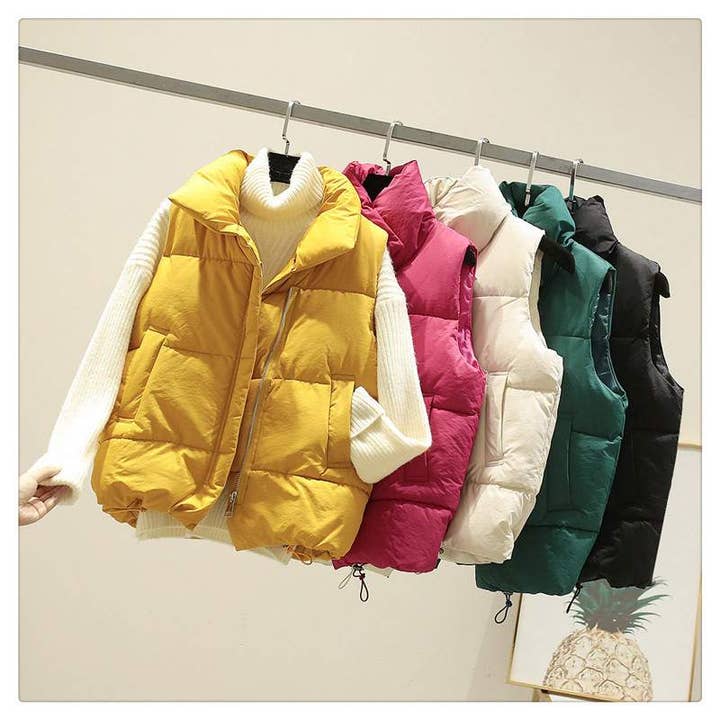 Fashion Combination - Wholesale Jacket - Women's - zip up button puffer vest with waist toggles