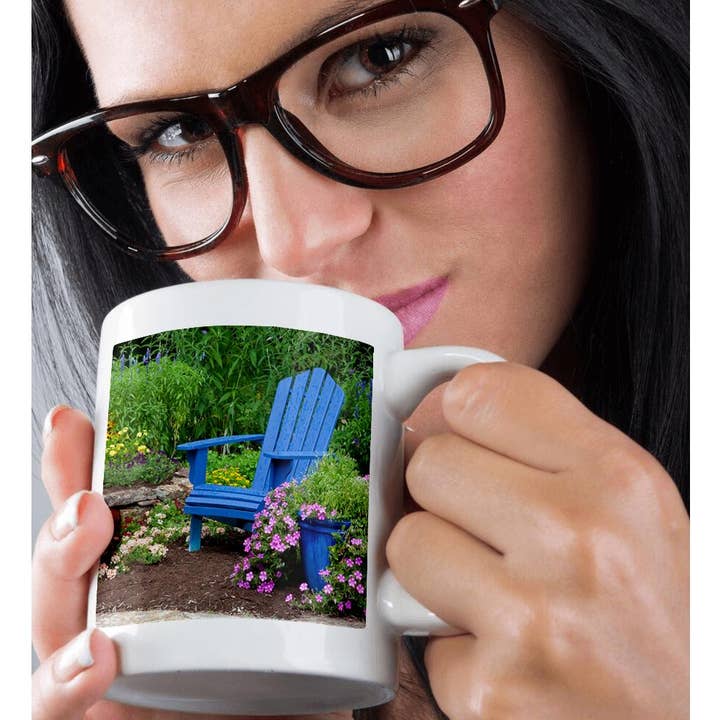 3dRose - Wholesale Coffee Mug - 3dRose, Flower garden with blue Adirondack chair and pot of flowers, Mug9